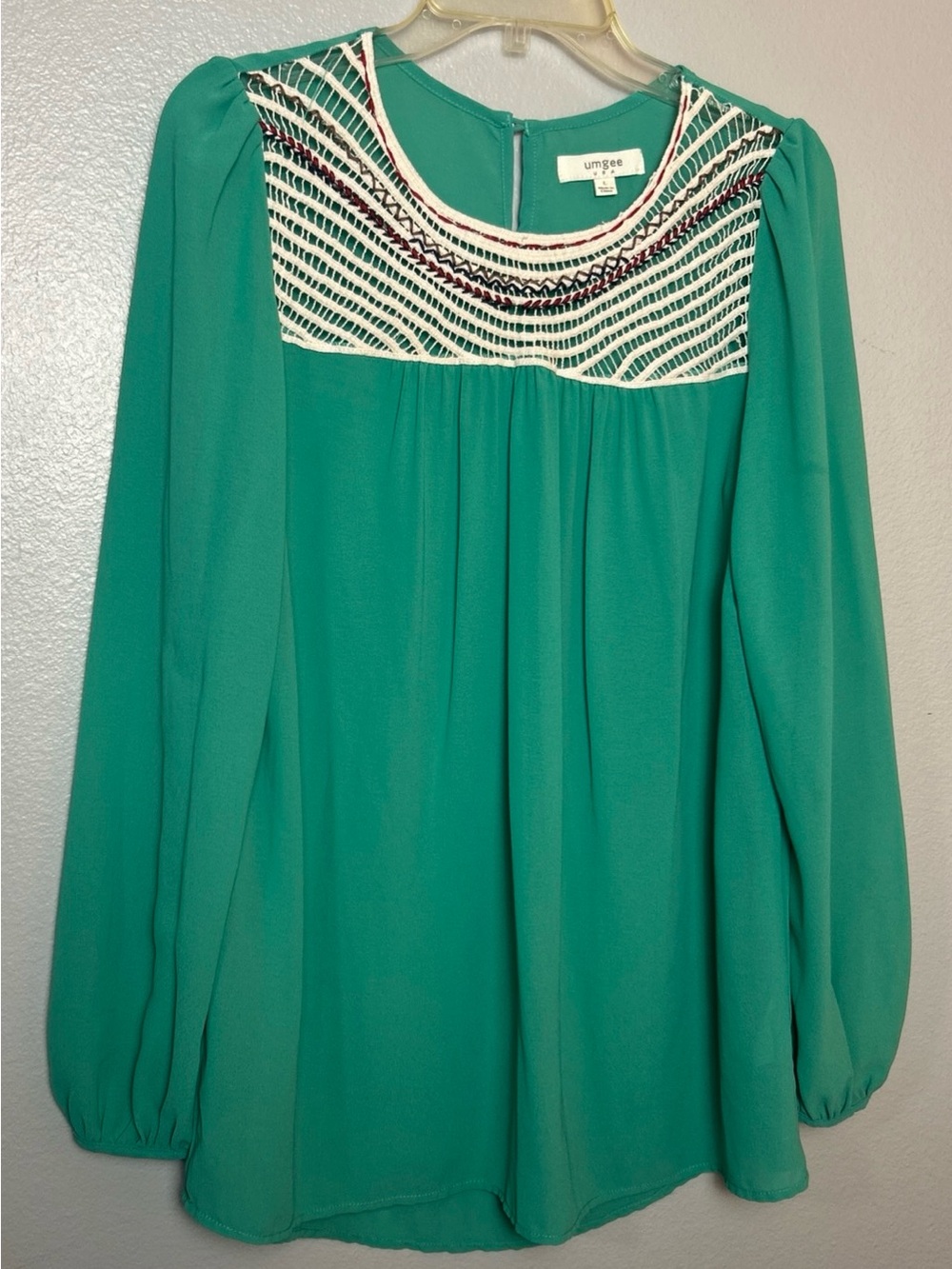 Umgee Womens Large Green Bohemian Tunic Top Long Sleeve Crochet Sheer